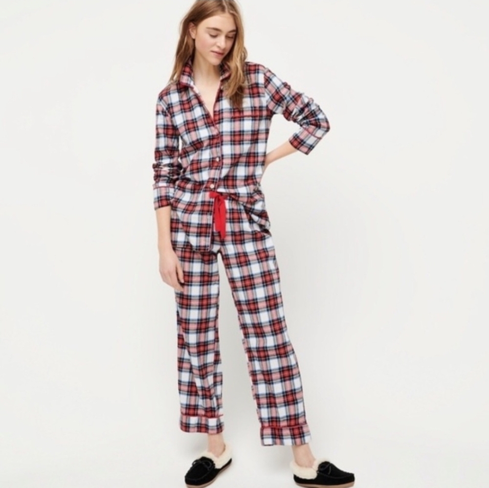 J. Crew Flannel Plaid Pajama Set In Snowy Stewart Tartan Plaid Women's Size M